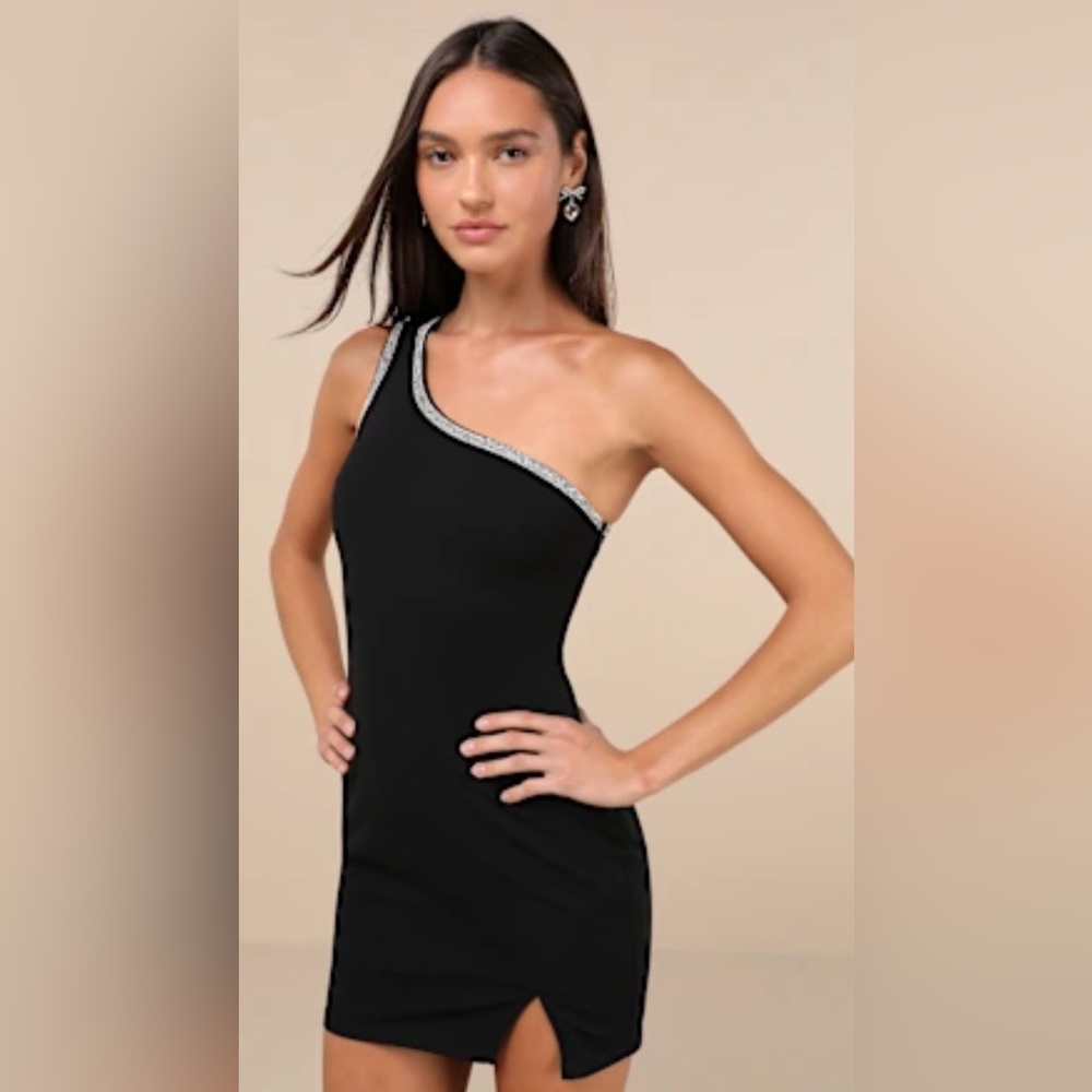 Lulus Luxe Pose Black Rhinestone One-Shoulder Bodycon Mini Dress - Picture 7 of 8